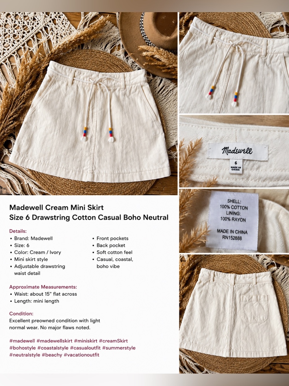 Madewell Cream Mini Skirt Size 6 Drawstring Cotton Casual Boho Neutral